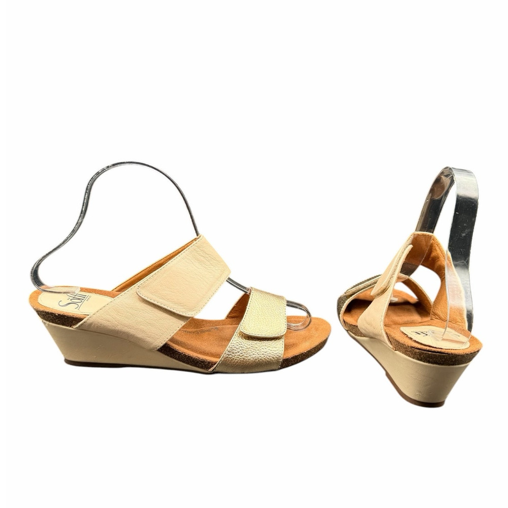 Söfft Womens Size 8 Metallic Leather Wedge Sandals Gold Cream Comfort Boho